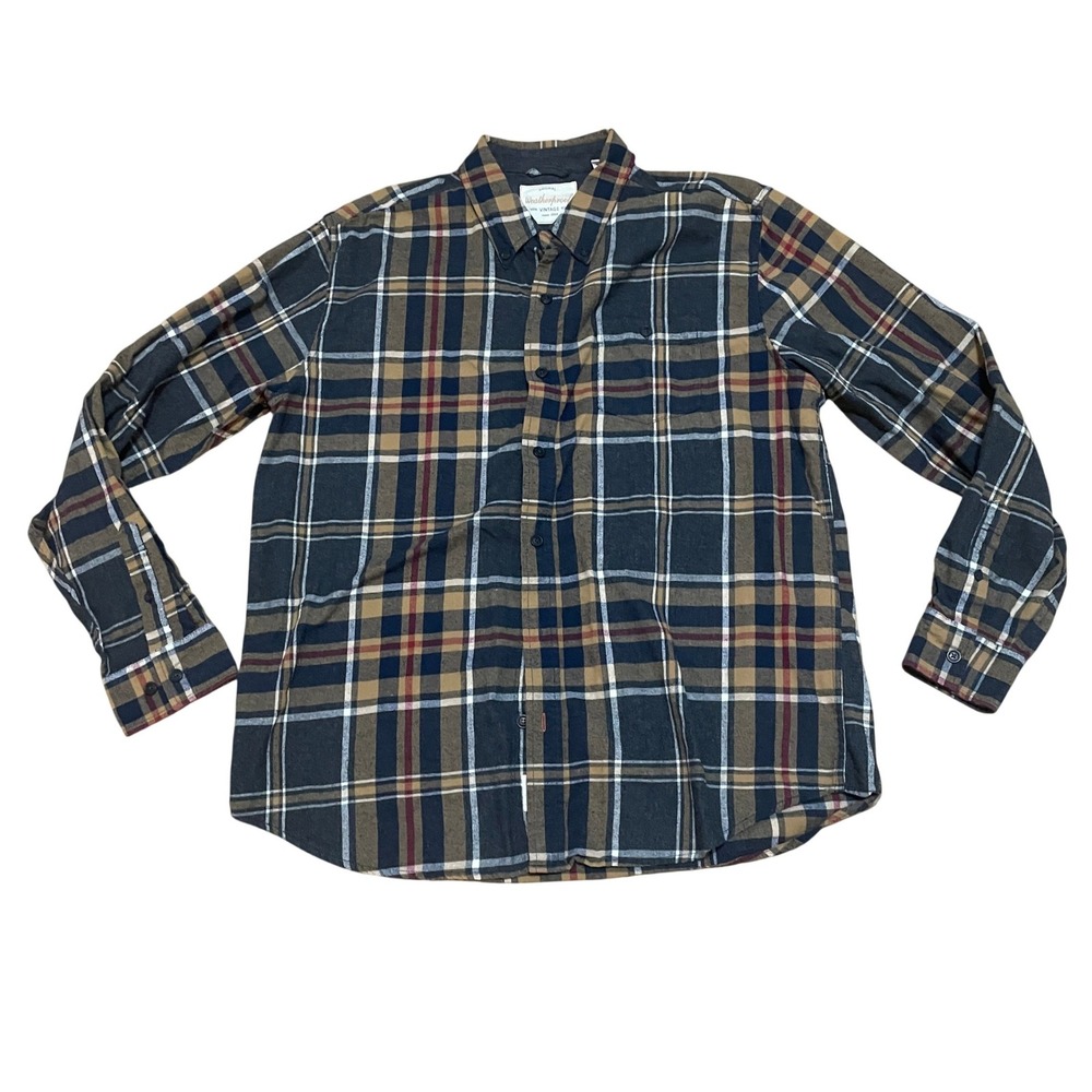 Weatherproof Vintage Mens XL Plaid Flannel Button Down Shirt Brown‎ Navy Mustard